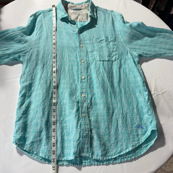 Tommy Bahama Mens‎ Shirt L Large Turquoise Linen Plaid Button Down Beach Spring - Picture 6 of 11
